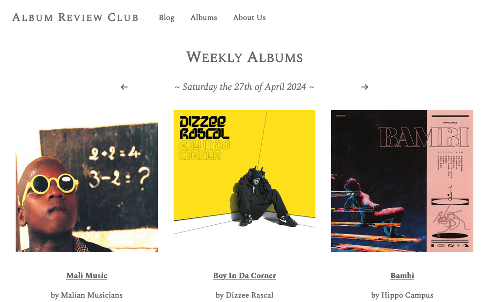 Example of weekly albums page